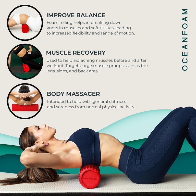 Oceanfoam Tidal Roller - Red - Muscle Massage Foam Roller for Back Pain & Stretching - Firm and Ergonomic Wide Wave Textured - Yoga, Athletics, & Wellness - Full Size, 20" x 5" - Image 5
